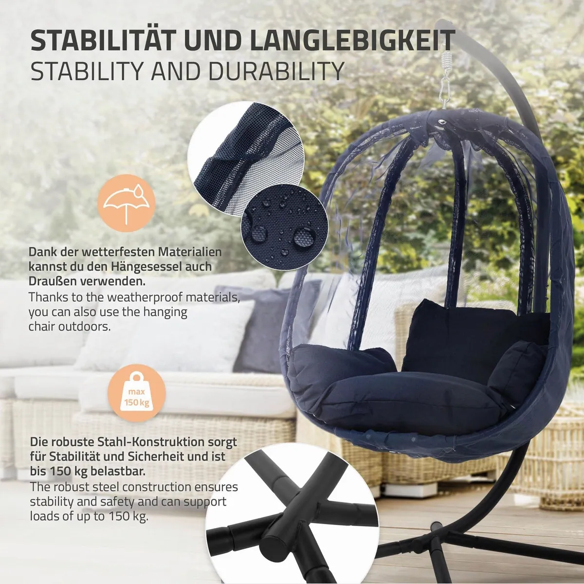 ML-DESIGN Hängesessel mit Gestell, Navyblau, 177 cm hoch, X-förmige Basis 3