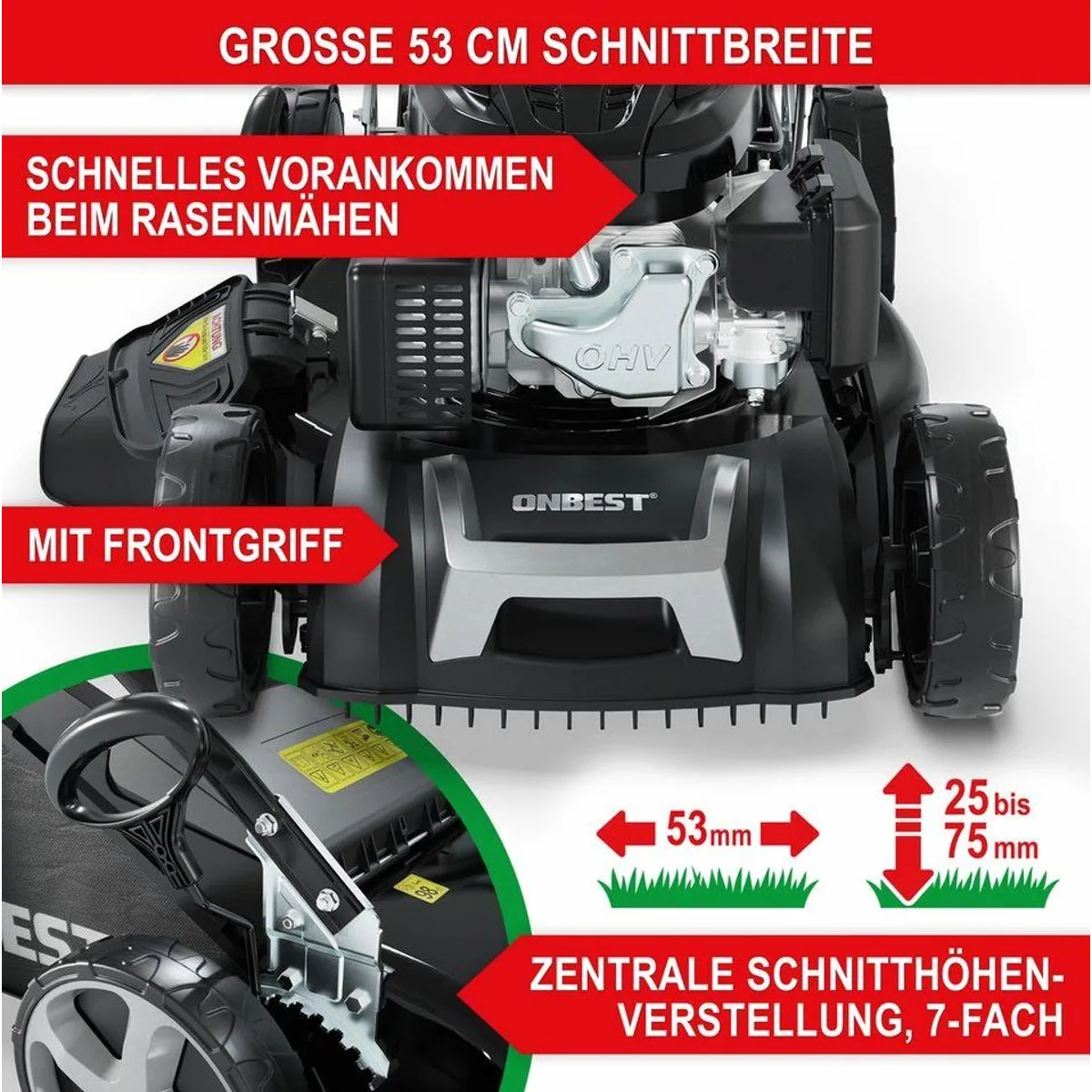Onbest Tornado X-Cut Benzinrasenmäher, 5in1-Funktion, 6,5 PS, Elektrostart, 53 cm Schnittbreite 3
