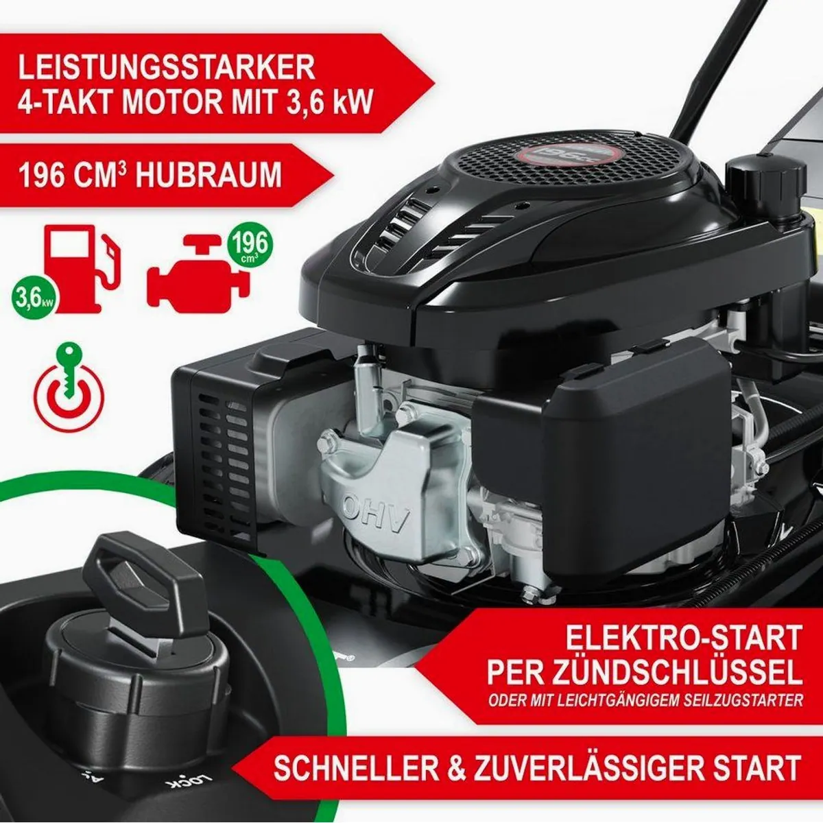 Onbest Tornado X-Cut Benzinrasenmäher, 5in1-Funktion, 6,5 PS, Elektrostart, 53 cm Schnittbreite 4