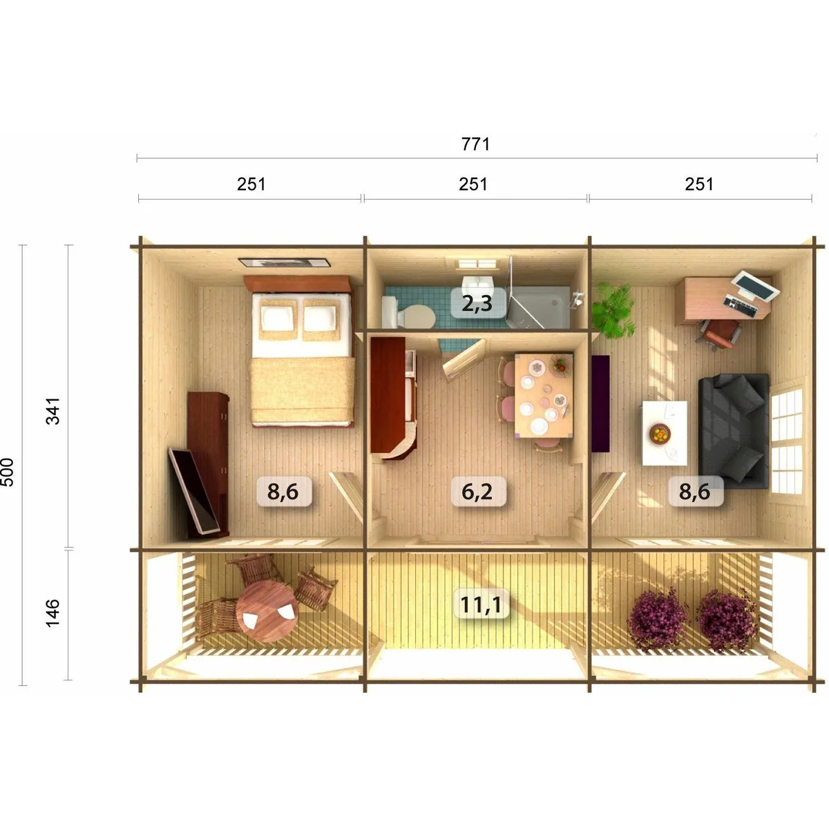 Palmako Sandra Gartenhaus, 791x370 cm, 44 mm Blockbohlen 4