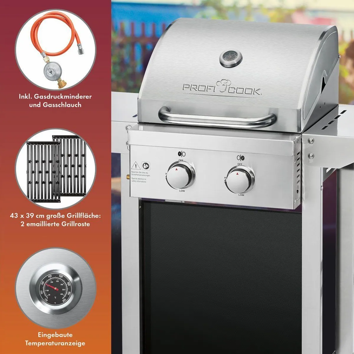 ProfiCook PC-GG 1255 Gasgrill, 2 Heizzonen, klappbare Seitentische 2