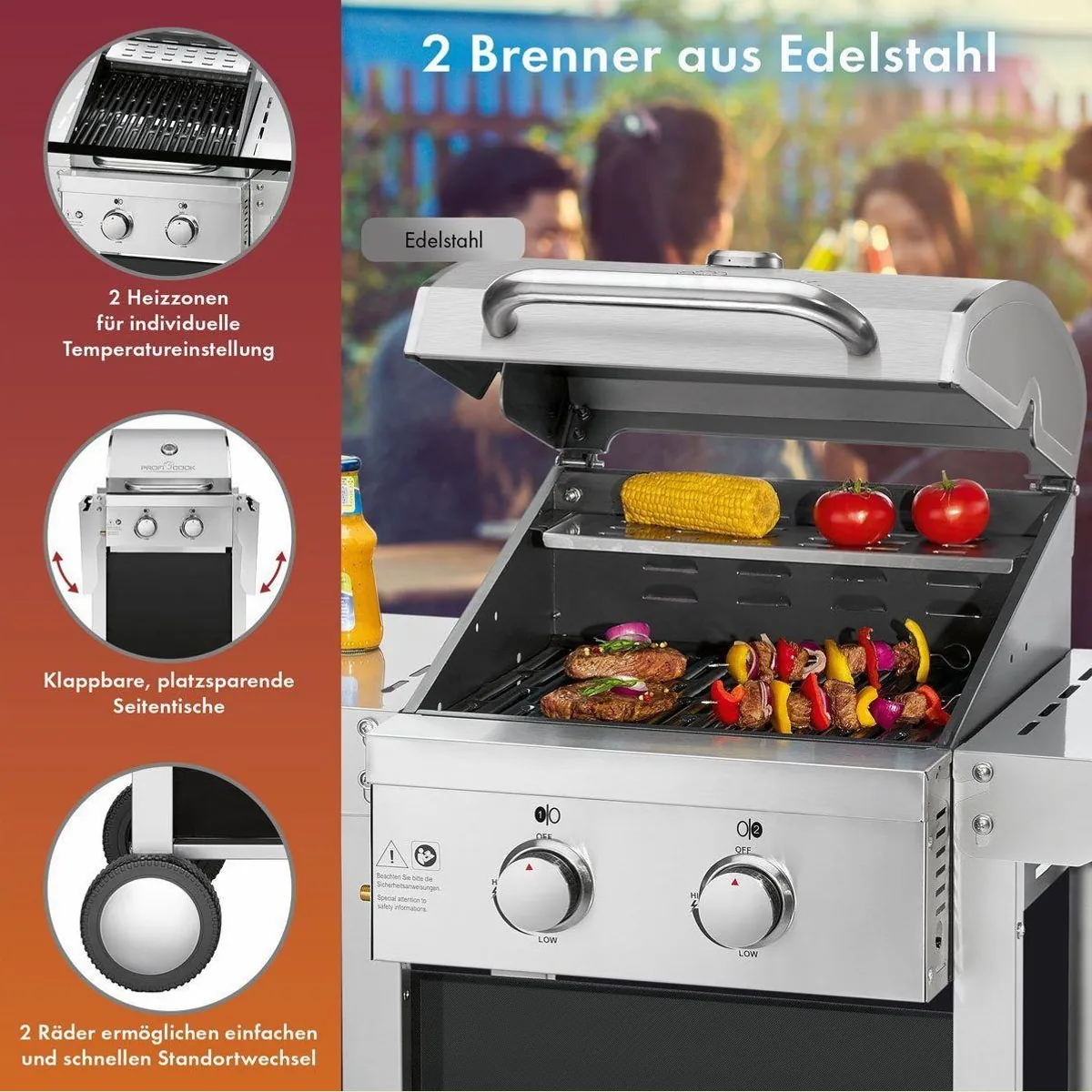ProfiCook PC-GG 1255 Gasgrill, 2 Heizzonen, klappbare Seitentische 3