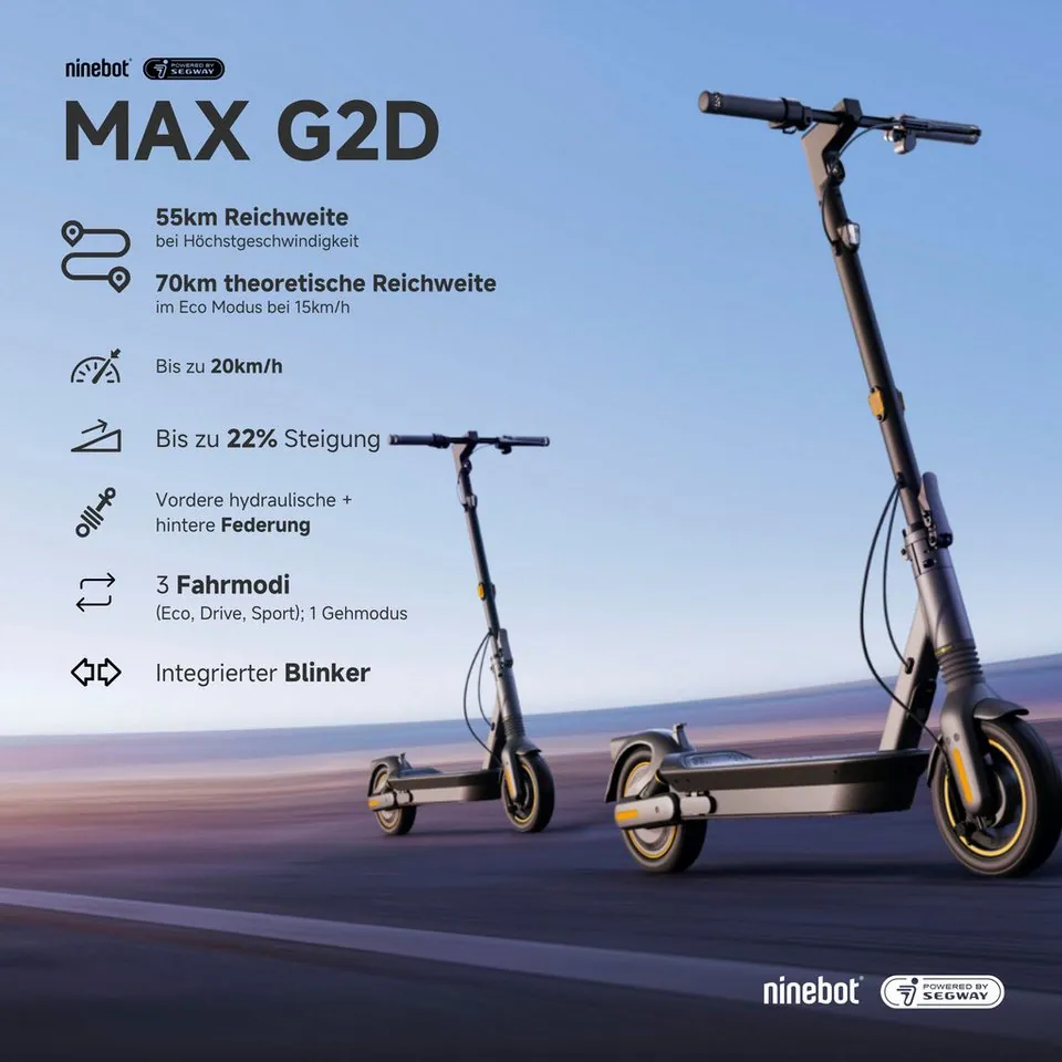 Segway KickScooter MAX G2, bis zu 70 km Reichweite, 20 km/h Geschwindigkeit, Straßenzulassung 2