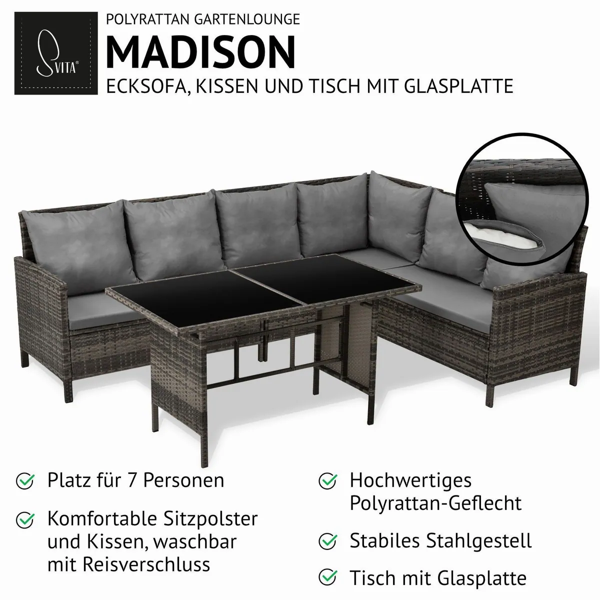 SVITA MADISON Eckbankgruppe, 2-tlg., wetterfest, inkl. Kissen, mit Tisch aus Glas 3