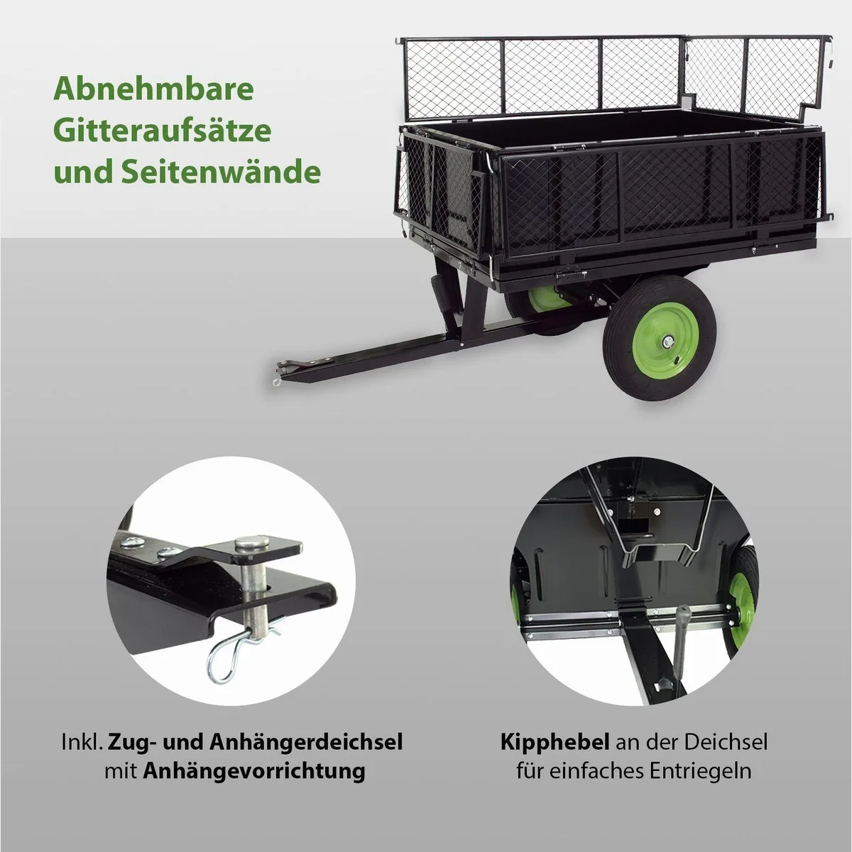 TRUTZHOLM Rasentraktoranhänger 300 kg, kippbar, mit Gitteraufsätzen 2