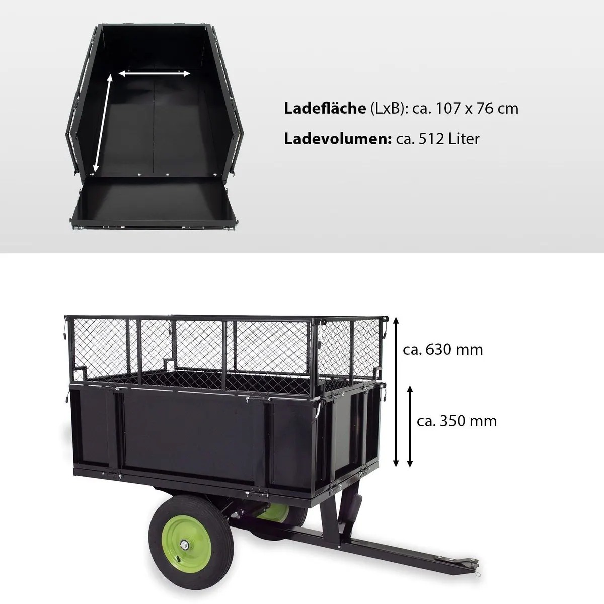 TRUTZHOLM Rasentraktoranhänger 300 kg, kippbar, mit Gitteraufsätzen 4