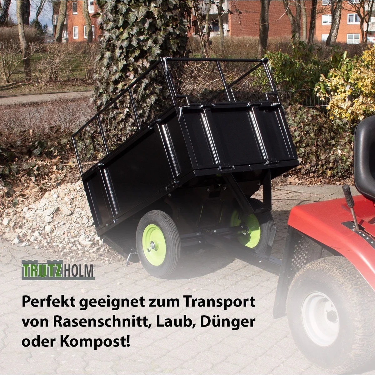 TRUTZHOLM Rasentraktoranhänger 300 kg, kippbar, mit Gitteraufsätzen 5