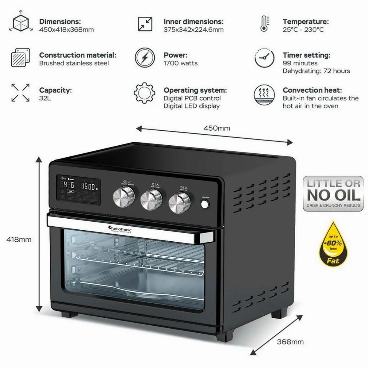 TurboTronic by Z-Line Minibackofen XL 32 L, Heißluftofen, 4 Garprogramme, 360°-Luftzirkulation 2