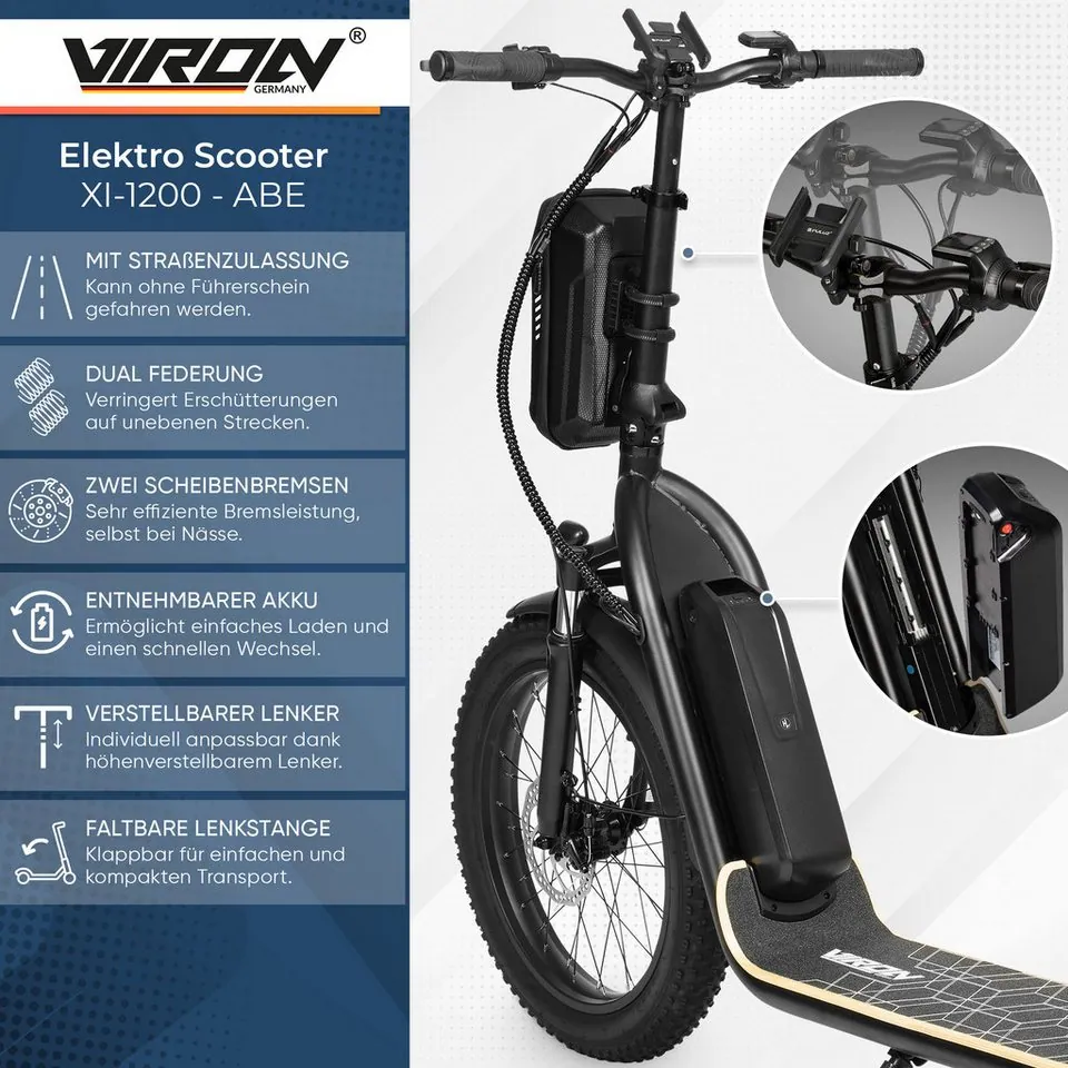VIRON XI-1200-S LongRange E-Scooter, Straßenzulassung, hohe Reichweite, faltbar 2
