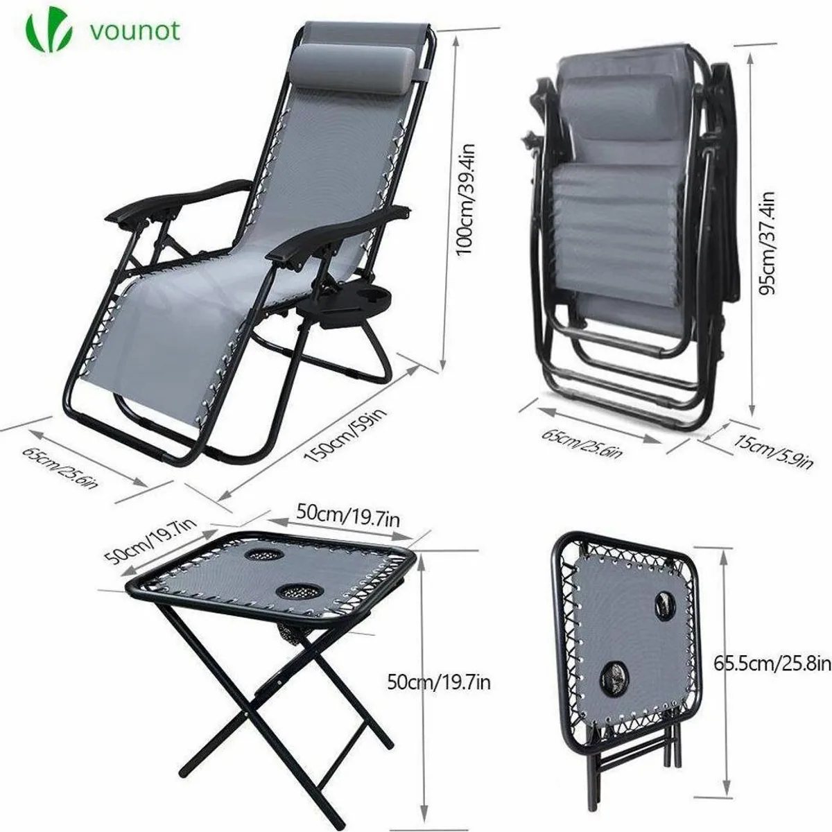 Vounot Liegestuhl Set, klappbar mit Beistelltisch, grau, 120 kg Tragkraft 5