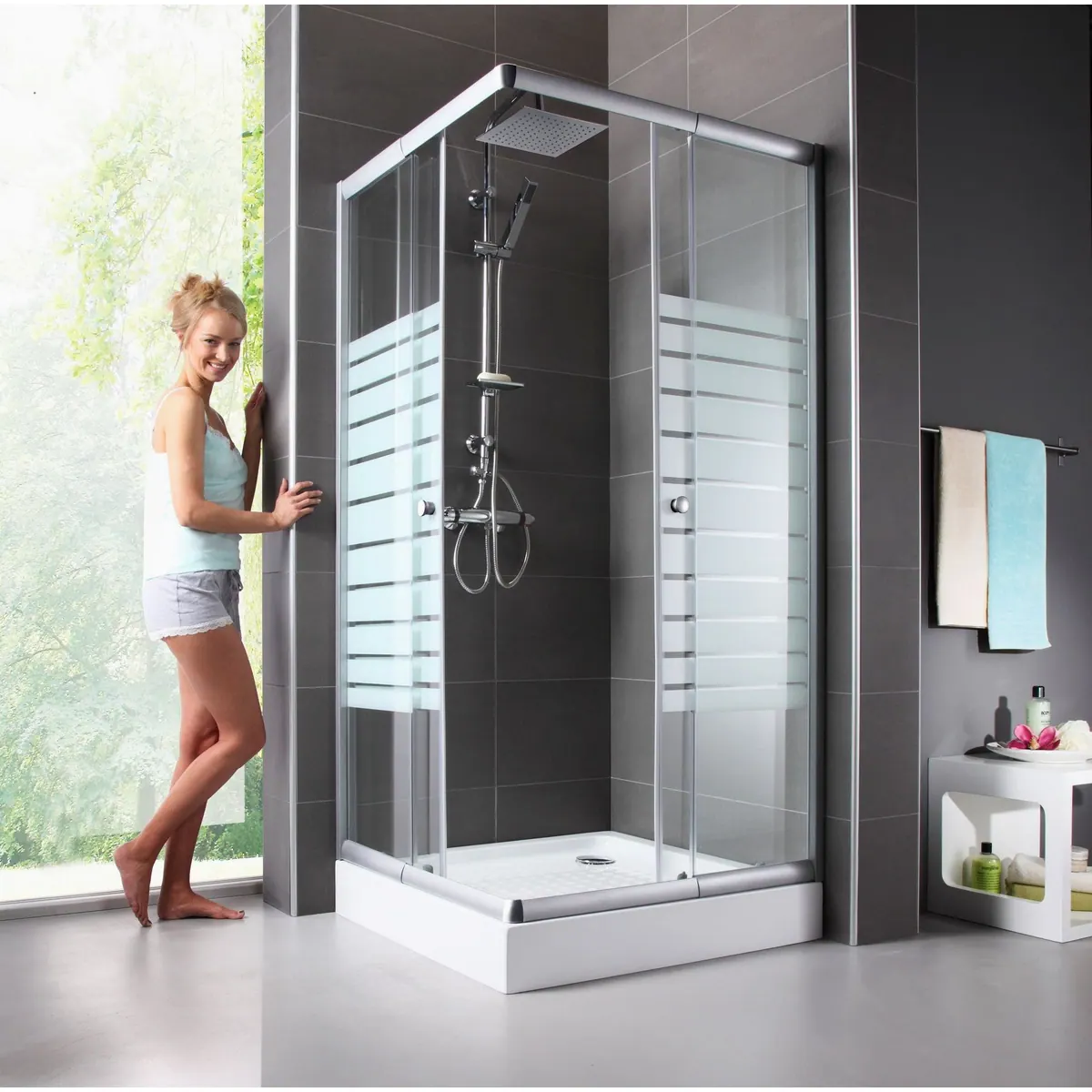 welltime Eckdusche Trento Banda, 90x90 cm, Sicherheitsglas, Schiebetüren, verstellbar
